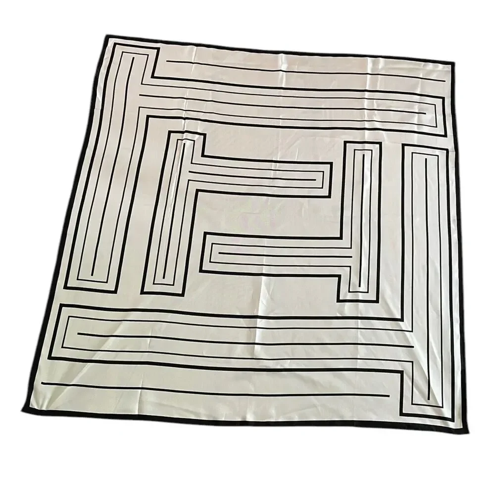 NWT Lafayette 148 Silk Twill Scarf Signature L Beam Cloud Multi Ivory Black